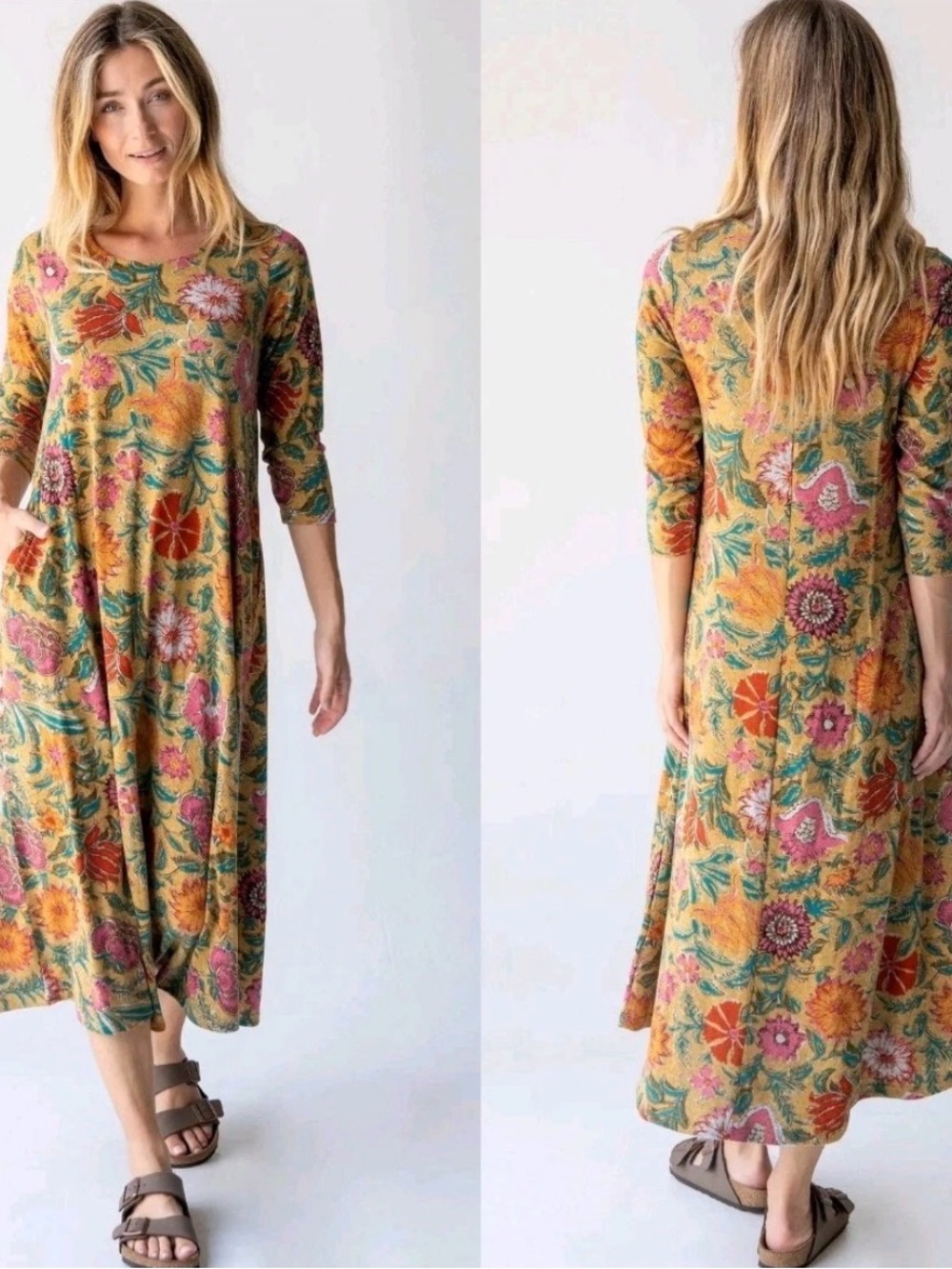 NATURAL LIFE Lottie Mustard Floral Maxi Dress L Pink Green Accents Pockets
